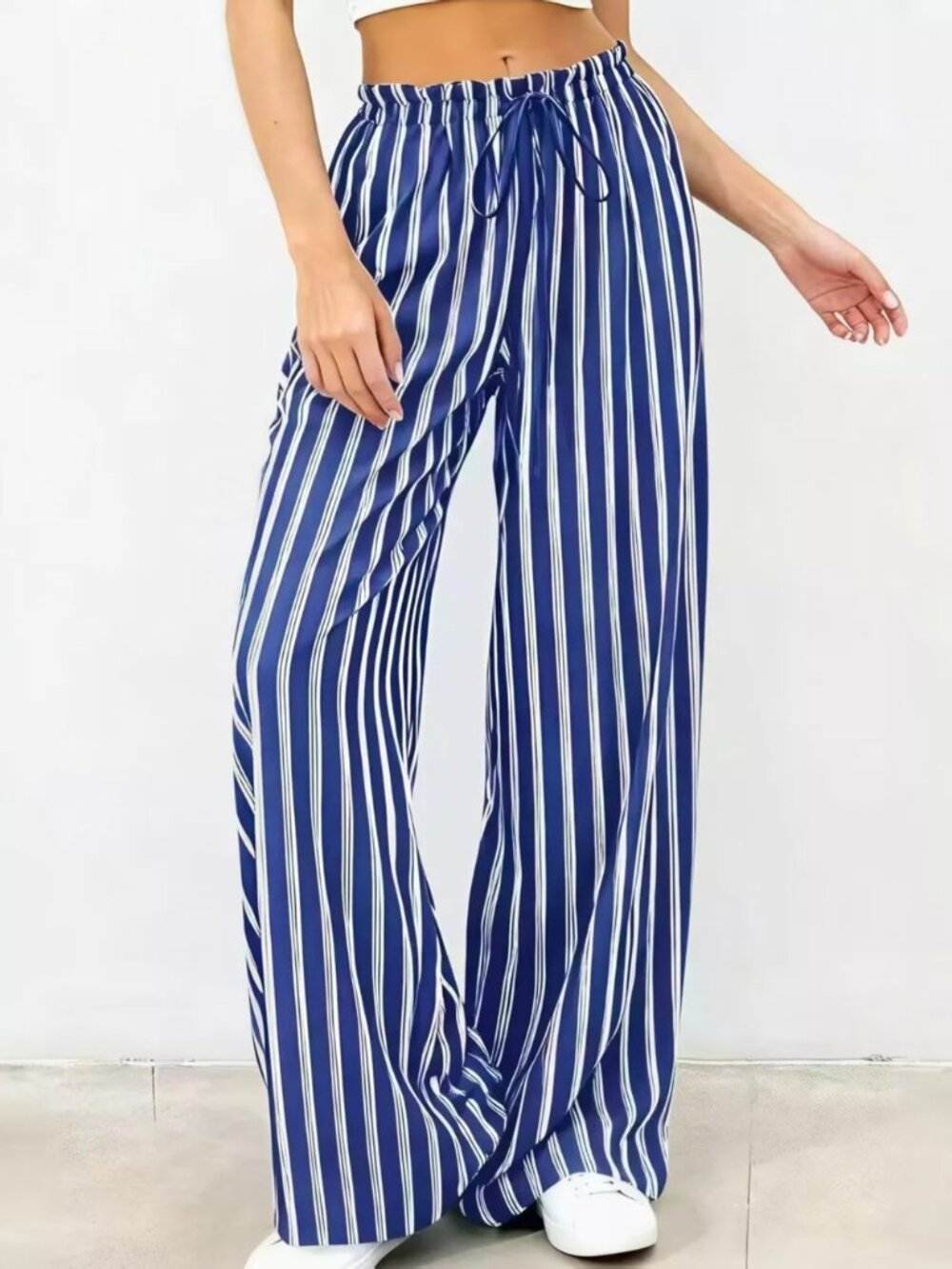 Striped Wide-Leg Drawstring Pants - Picture 3 of 9